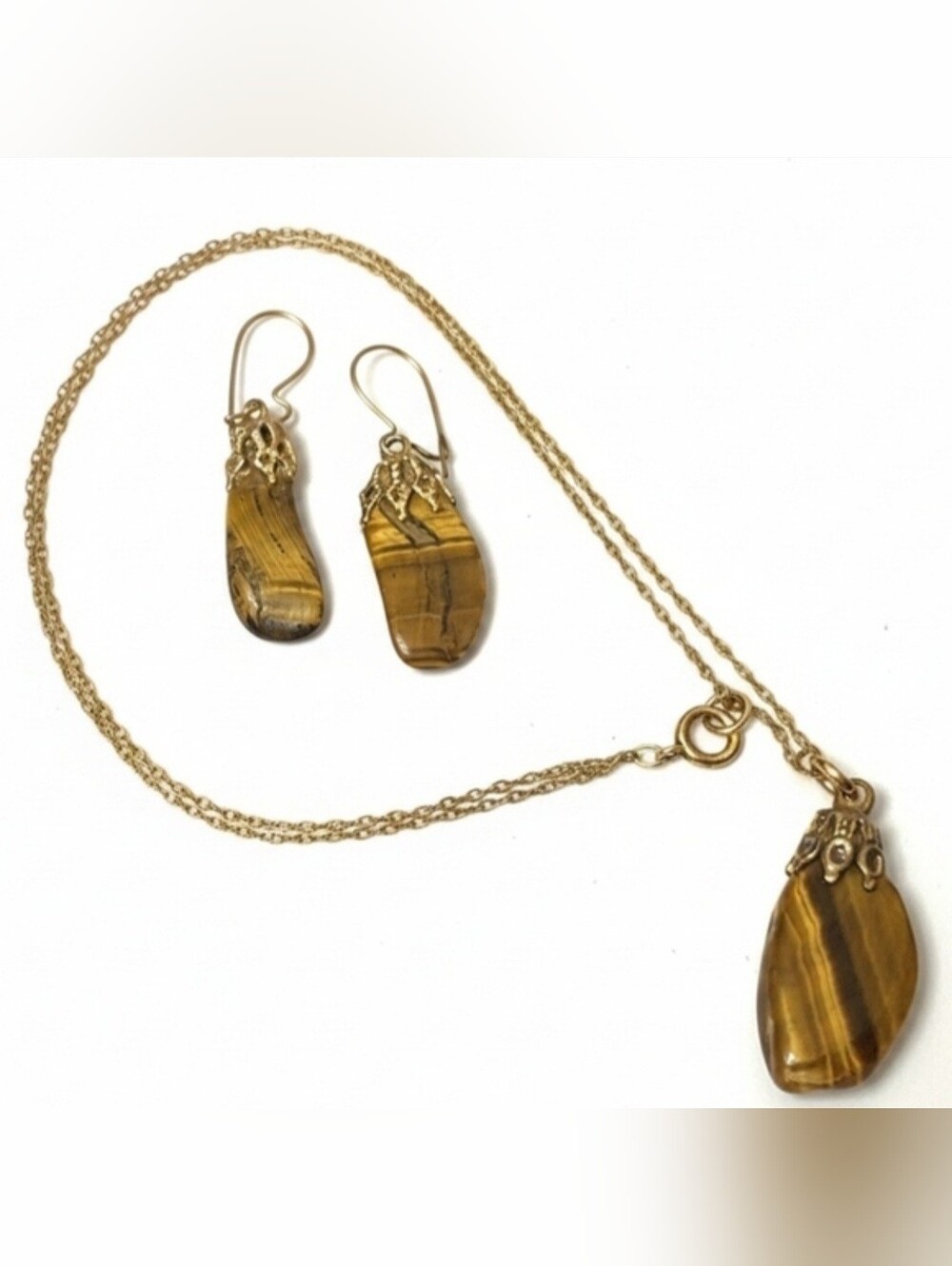Vtg 70s Tiger Agate Gold Filled boho Necklace and Earrings Jewery Set NWOT